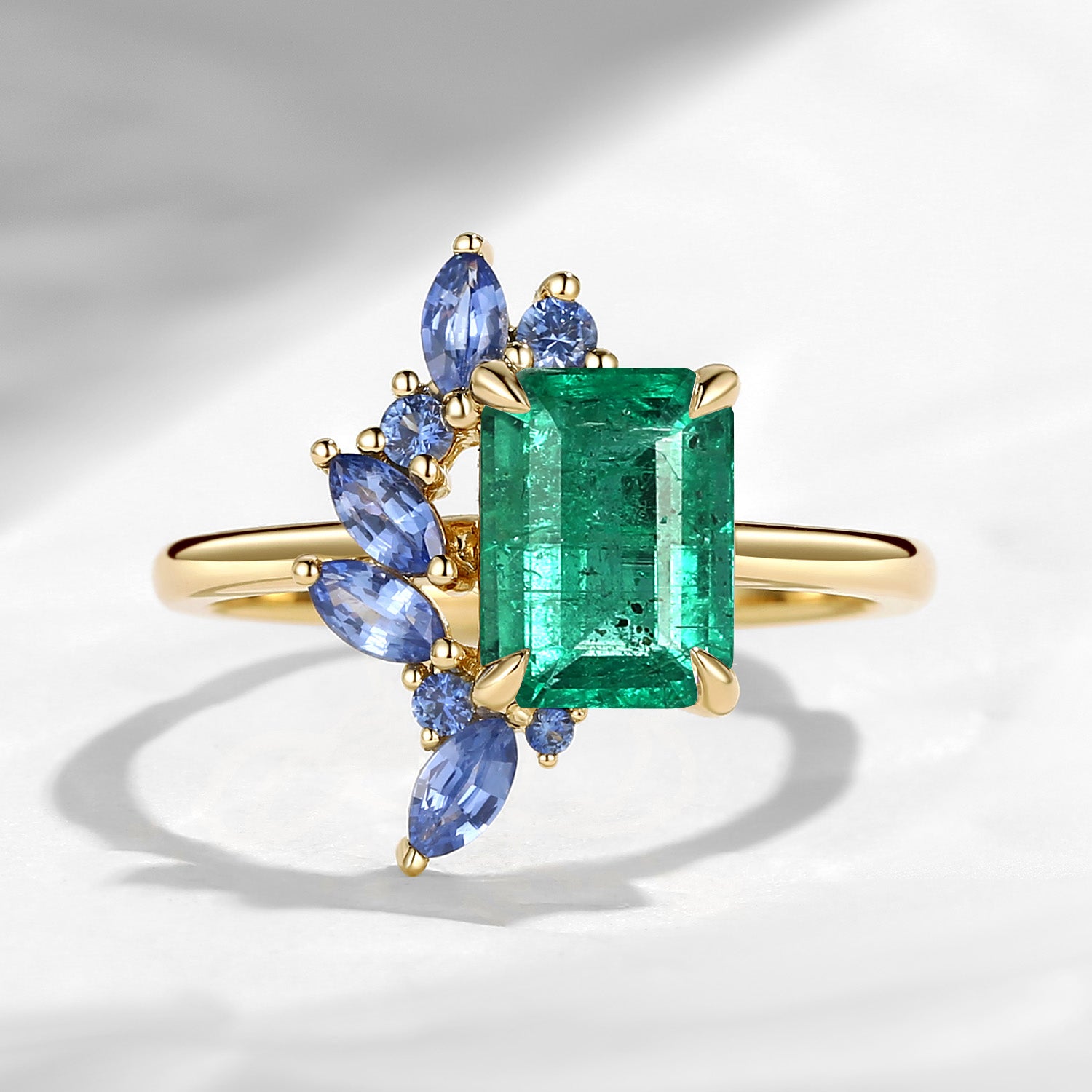 Cluster Emerald Cut Natural Emerald & Natural Sapphire Accents Engagement Ring