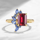Cluster Emerald Cut Natural Red Tourmaline Sapphire Accents Engagement Ring