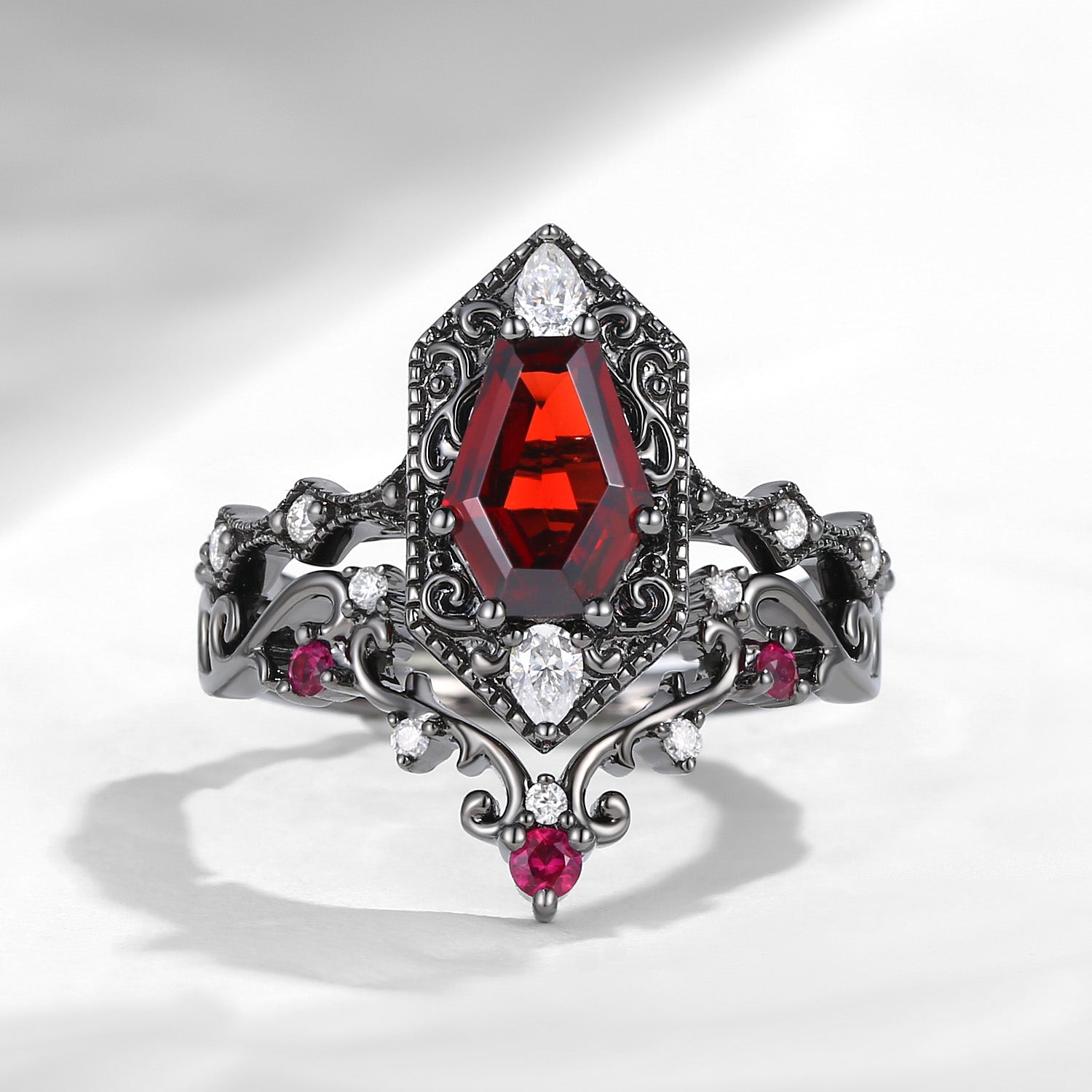 Retro Coffin Cut Garnet Natural Ruby Vampire Gothic Engagement Ring Set 2Pcs 18K Black Gold Lab Diamond