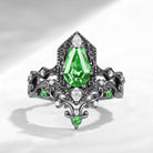 Retro Filigree Coffin Lab Tsavorite Vampire Gothic Black Gold Engagement Ring Set 2pcs