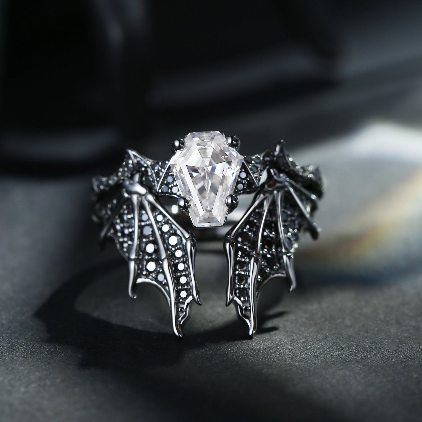 Non Traditional Coffin Moissanite Vampire Ring Black Gold Bridal Set 2pcs Bat Ring 14K Black Gold Black Moissanite