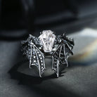 Non-Traditional Coffin Moissanite Vampire Ring Black Gold Bridal Set 2pcs - Bat Ring