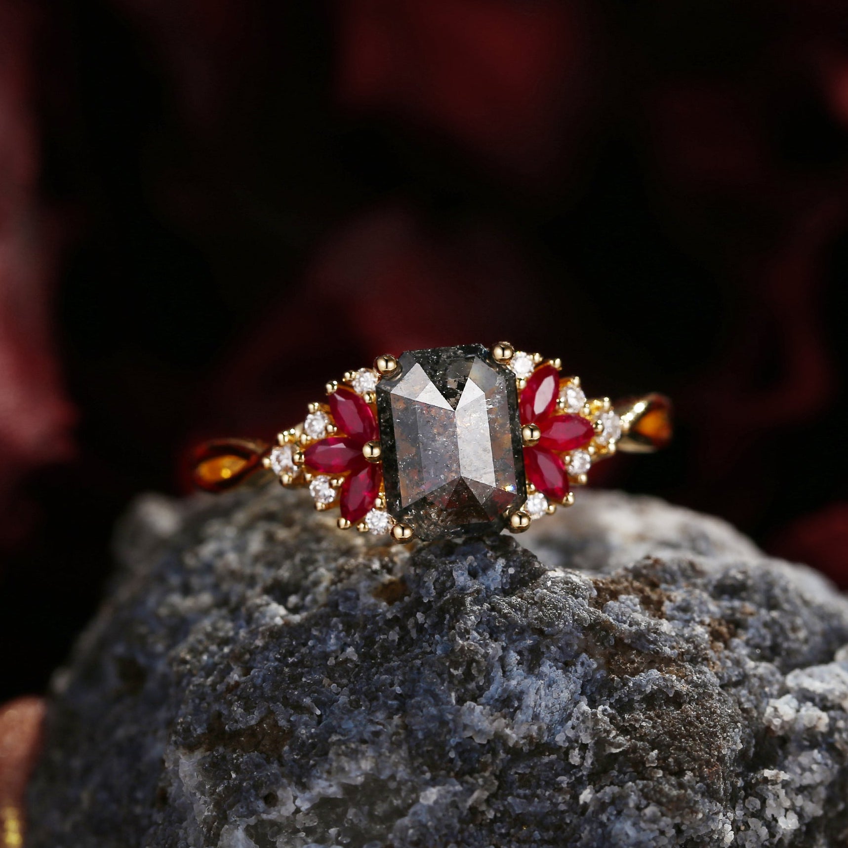 Cluster Emerald Cut Salt And Pepper Diamond & Ruby Twist Engagement Ring