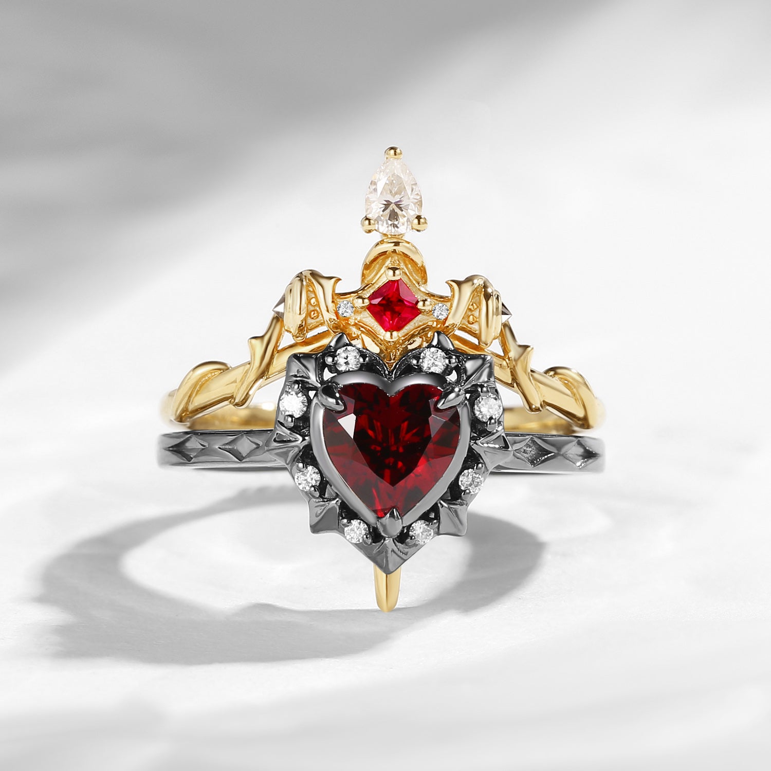 Unique Heart Shaped Garnet Sword Ring Bridal Set 2pcs - Cupid's Arrow
