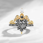 'Cupid's Arrow' - Gothic Heart Cut Salt & Pepper Diamond Heart Sword Ring Alternative Bridal Set