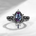 Crescent Moon | Unique Coffin Cut Lab Alexandrite Black Gold Engagement Ring Set 2pcs - Luna