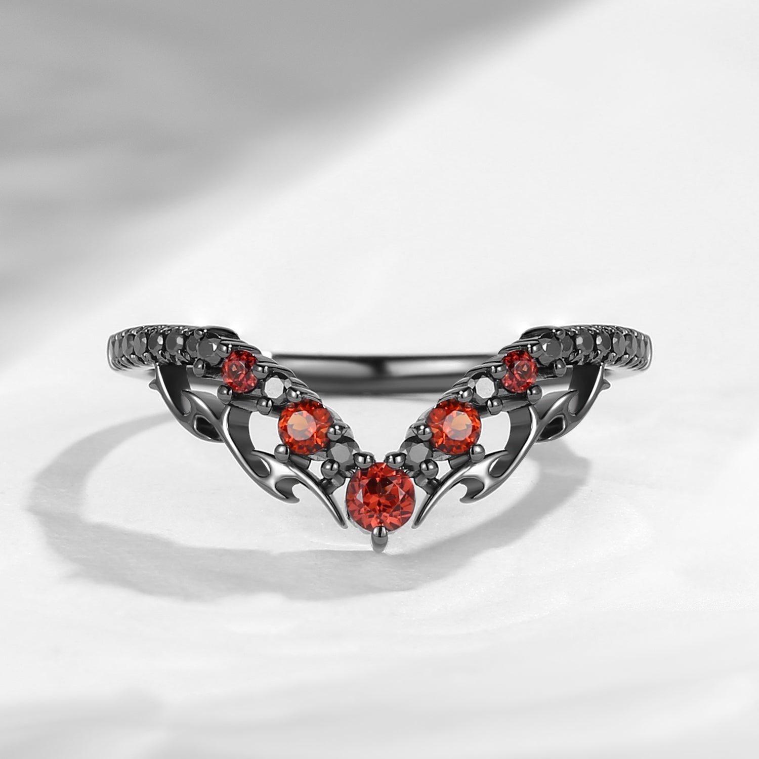 Garnet & Black Moissanite Curved Gothic Inspired Wedding Band