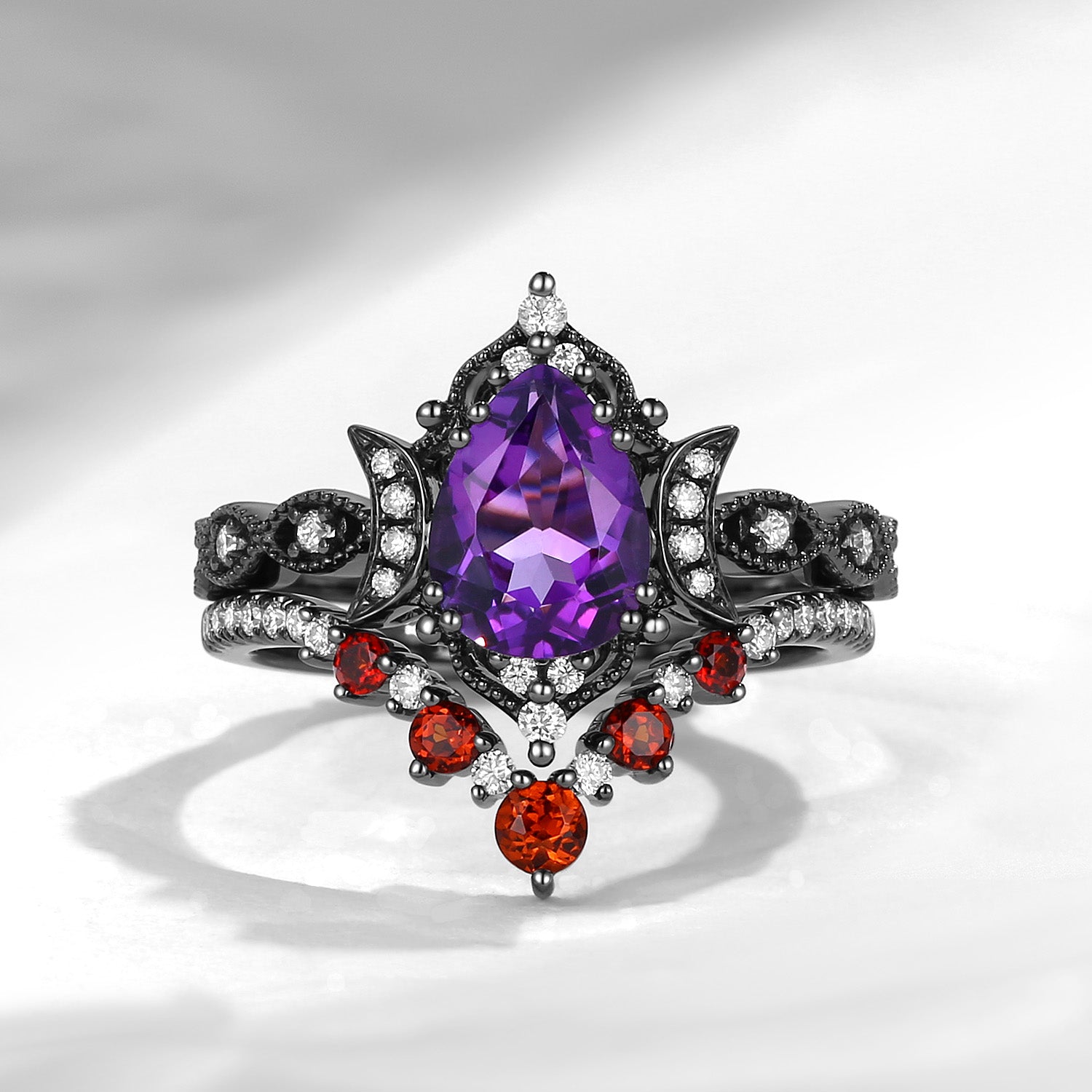 Crescent Moon | Pear Cut Amethyst & Garnet Ring Set 2pcs - Waning Moon