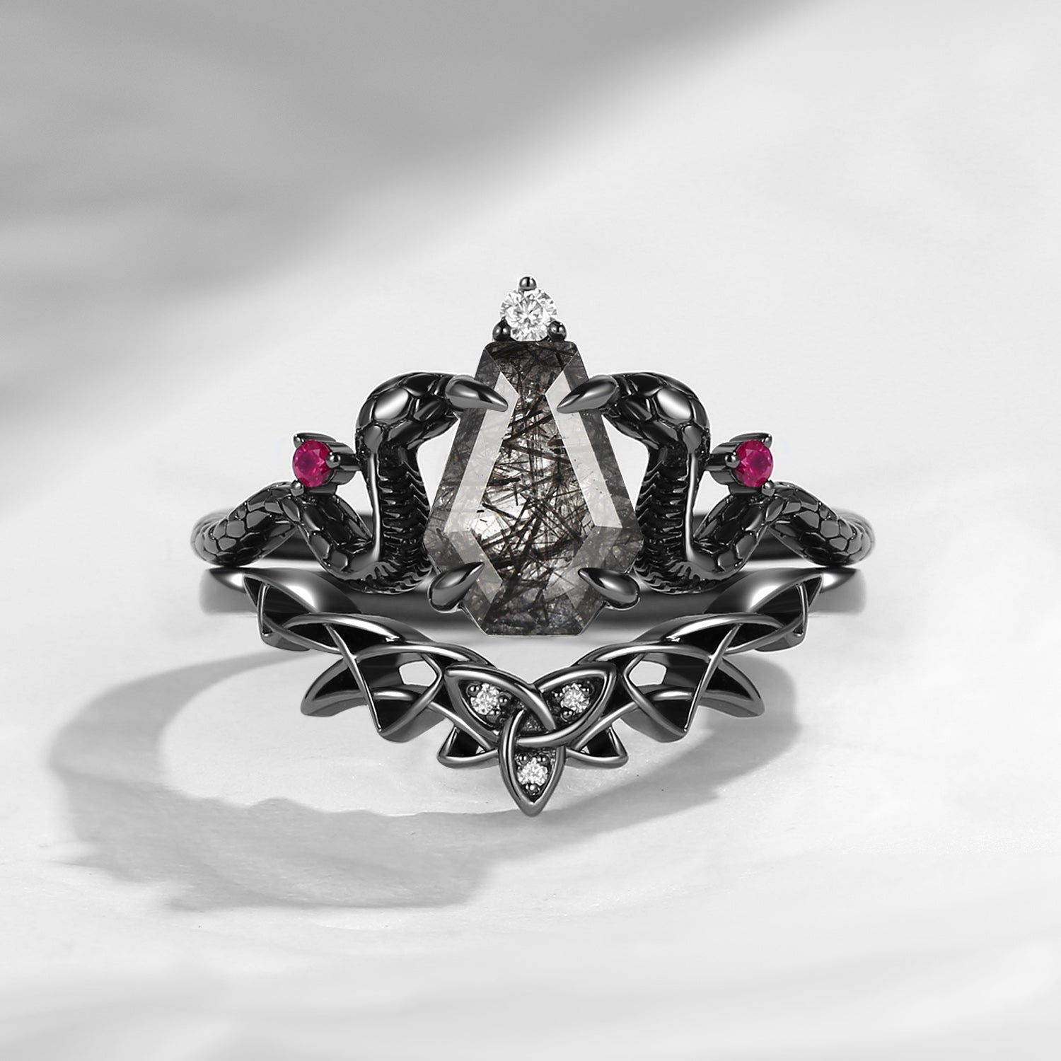 Gothic Celtic Coffin Black Rutilated Quartz Engagement Ring Set 2pcs - Serpent's Embrace