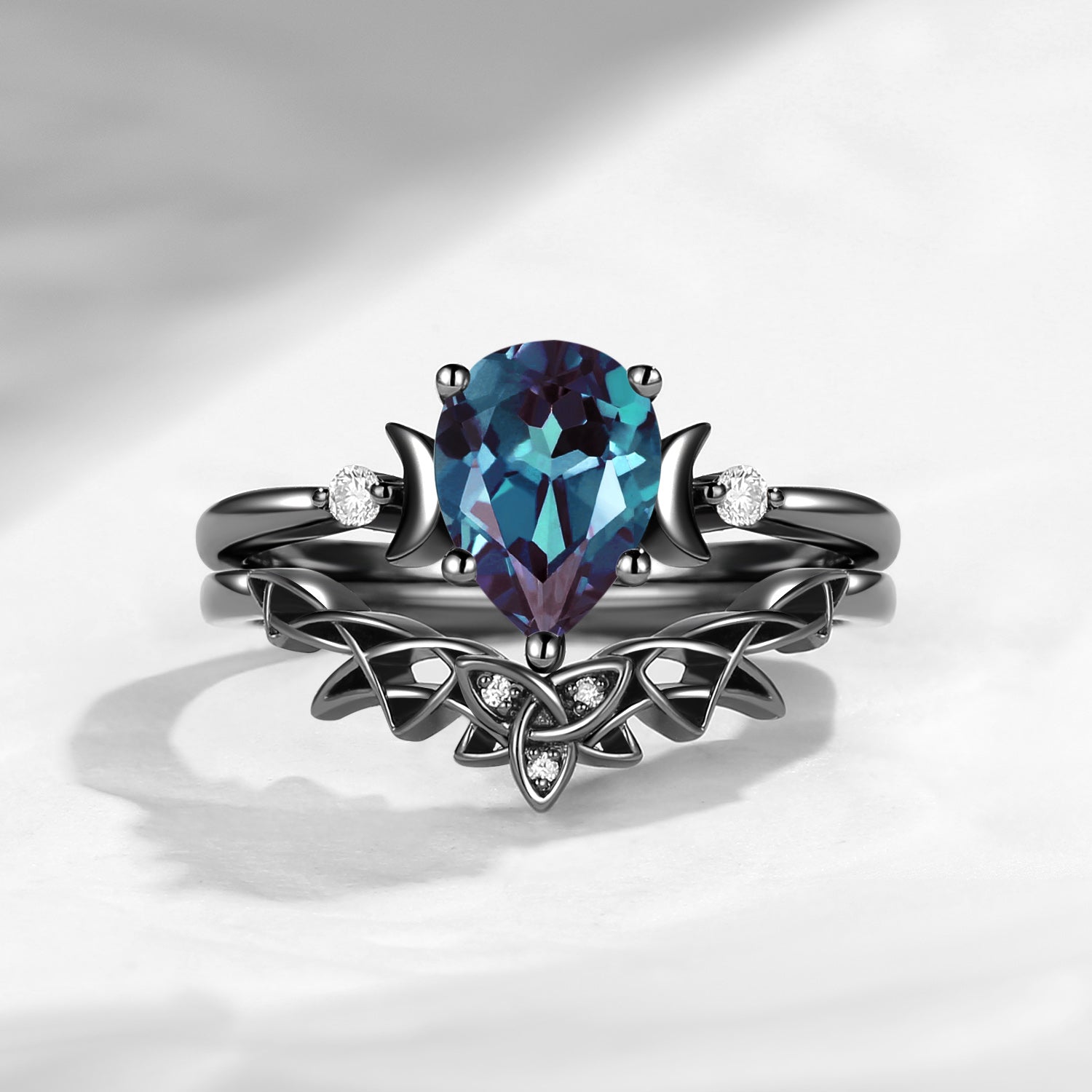 Celtic Moon | Kite Cut Lab Alexandrite Celtic Engagement Ring Set 2pcs