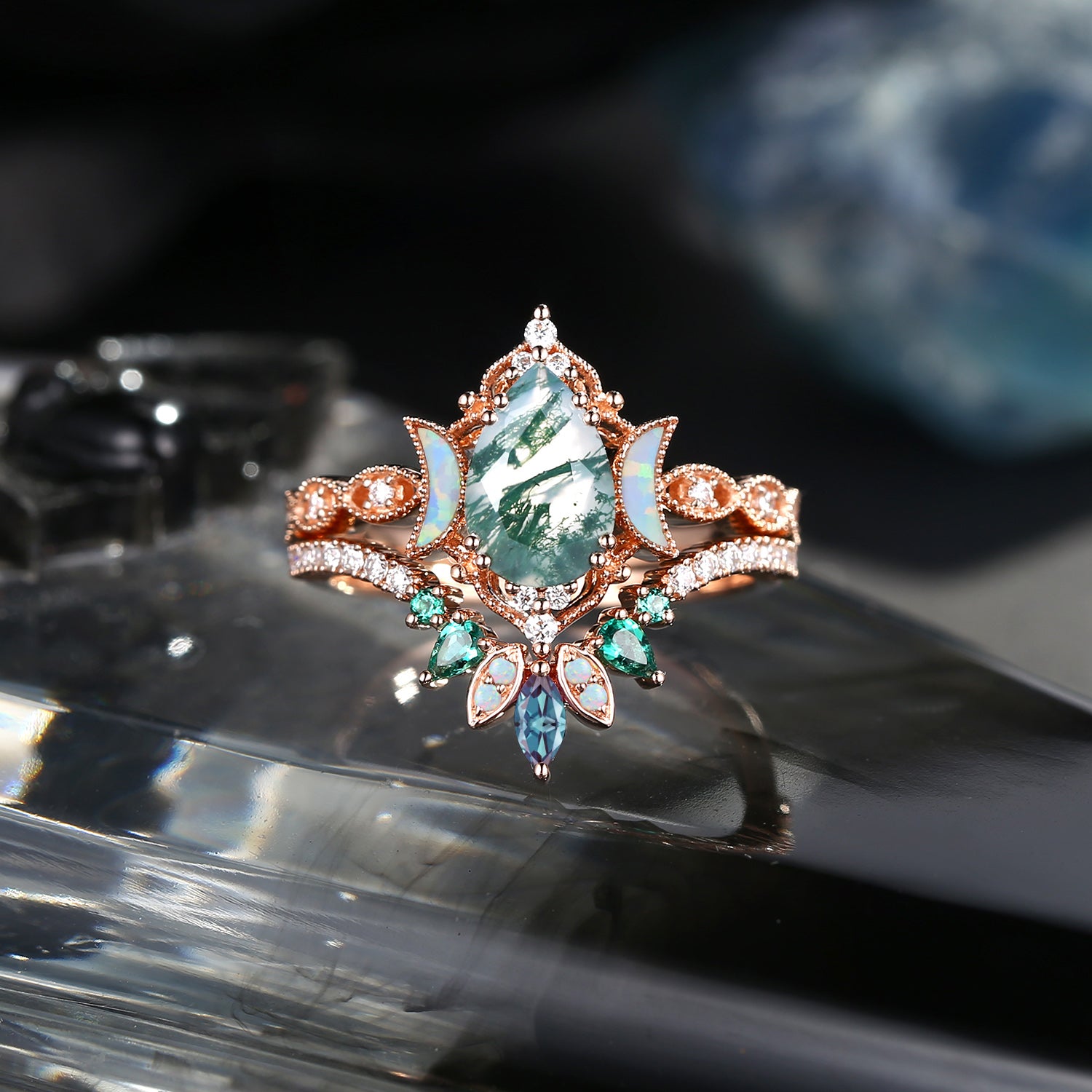 Crescent Moon | Pear Cut Moss Agate 'Ultra Galaxy' Lab Opal Engagement Ring Set 2pcs