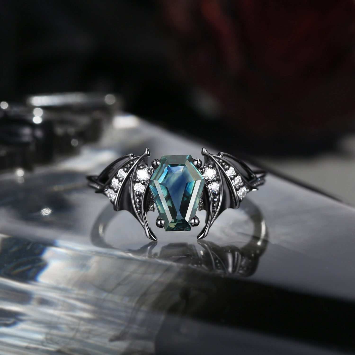 Bat Ring - Coffin Cut Natural Teal Sapphire Bat Wing Engagement Ring with Milgrain Band