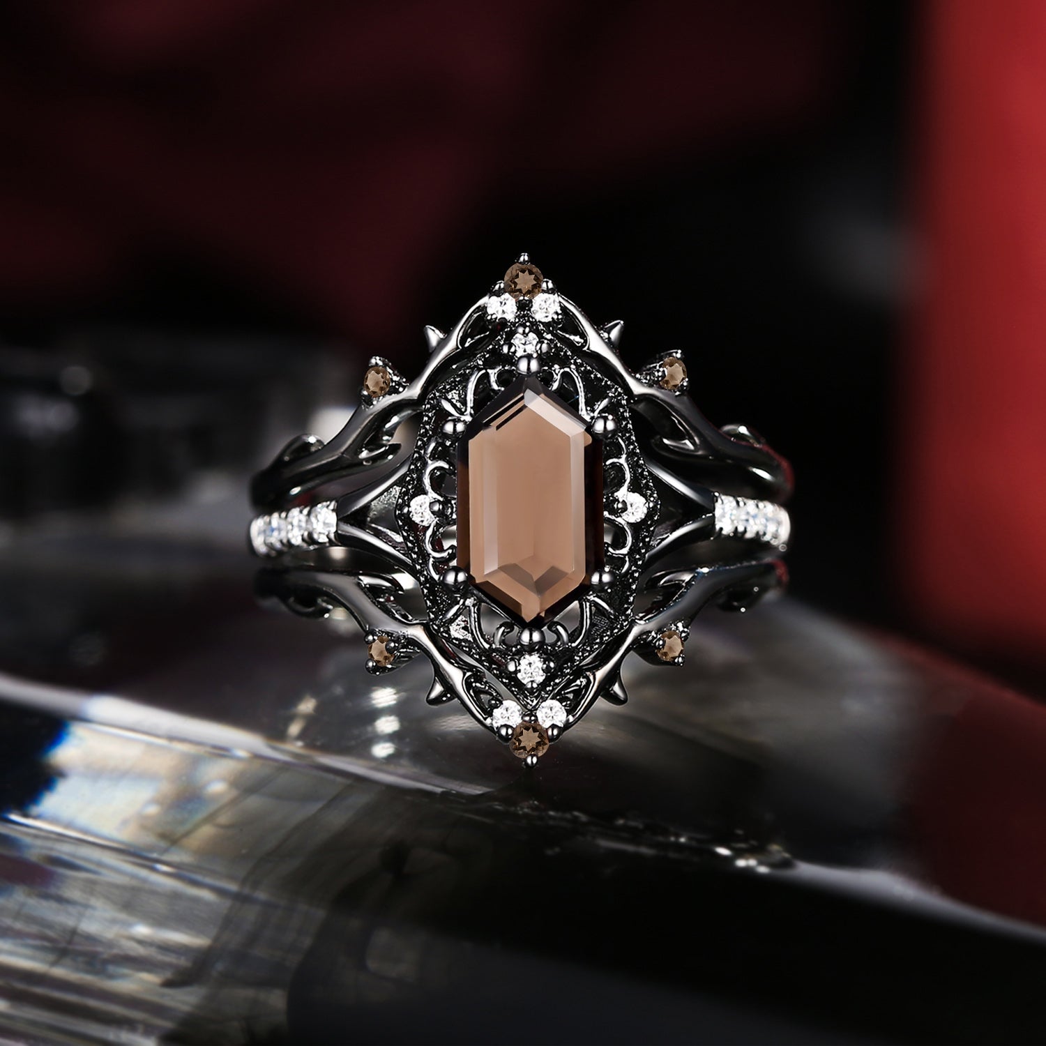Gothic Inspired Long Hexagon Smokey Quartz 'Fallen Aegis' Shield Engagement Ring Set 3pcs