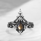 Vintage Inspired Kite Cut Natural Black Star Sapphire Milgrain Engagement Ring Set 2pcs