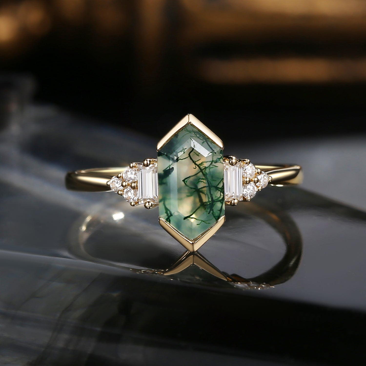 Art Deco Long Hexagon Moss Agate Cluster Engagement Ring
