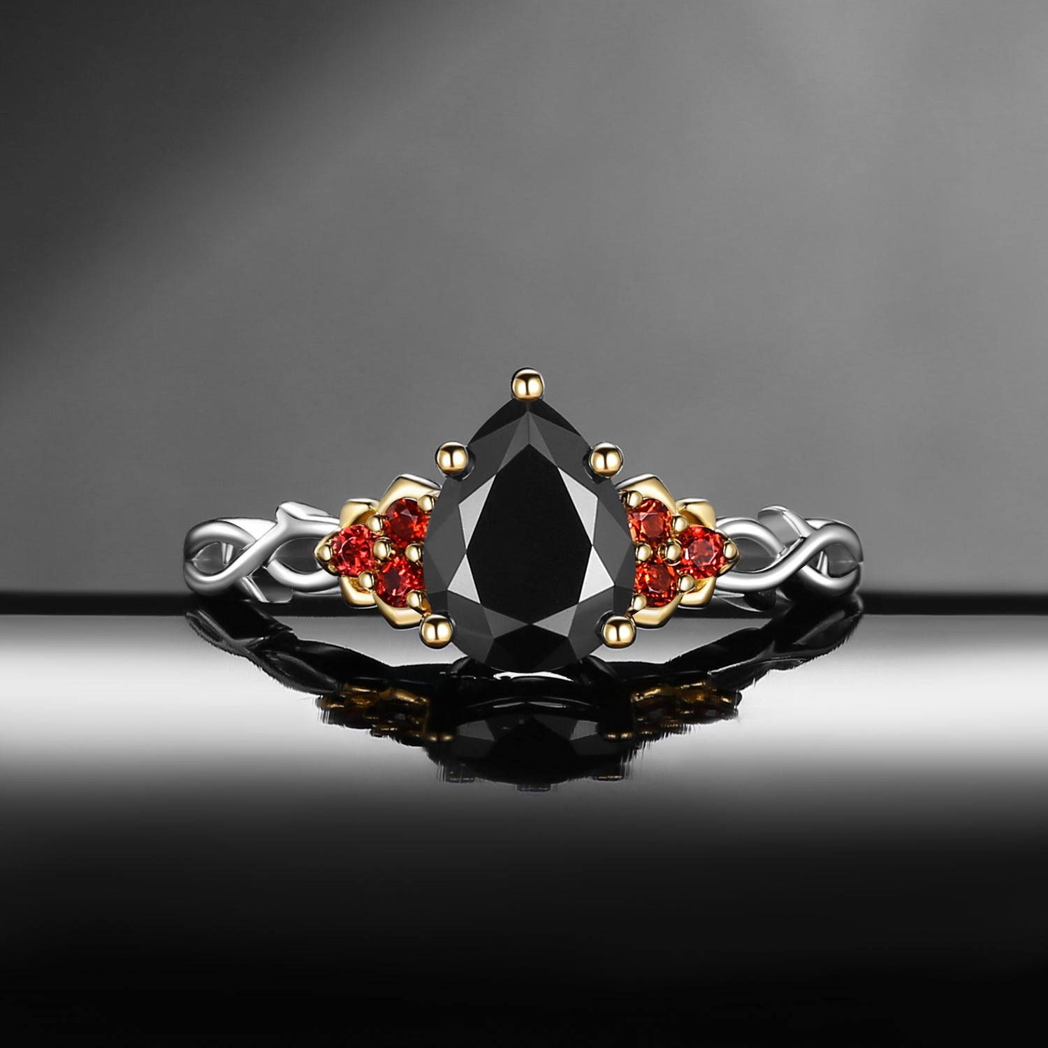 Nature Inspired Pear Shaped Black Moissanite 'Thorns & Roses'  Two-Toned Engagement Ring