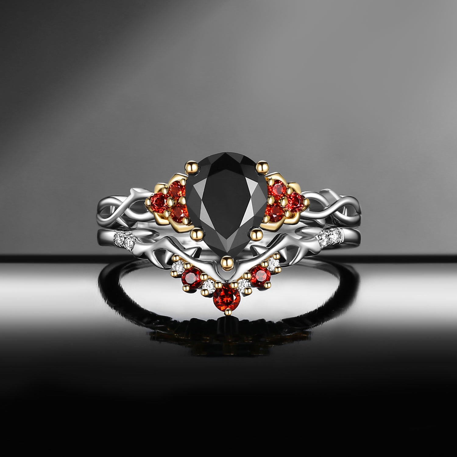 Nature Inspired Pear Shaped Black Moissanite 'Thorns & Roses' Two-Toned Engagement Ring Set 2pcs