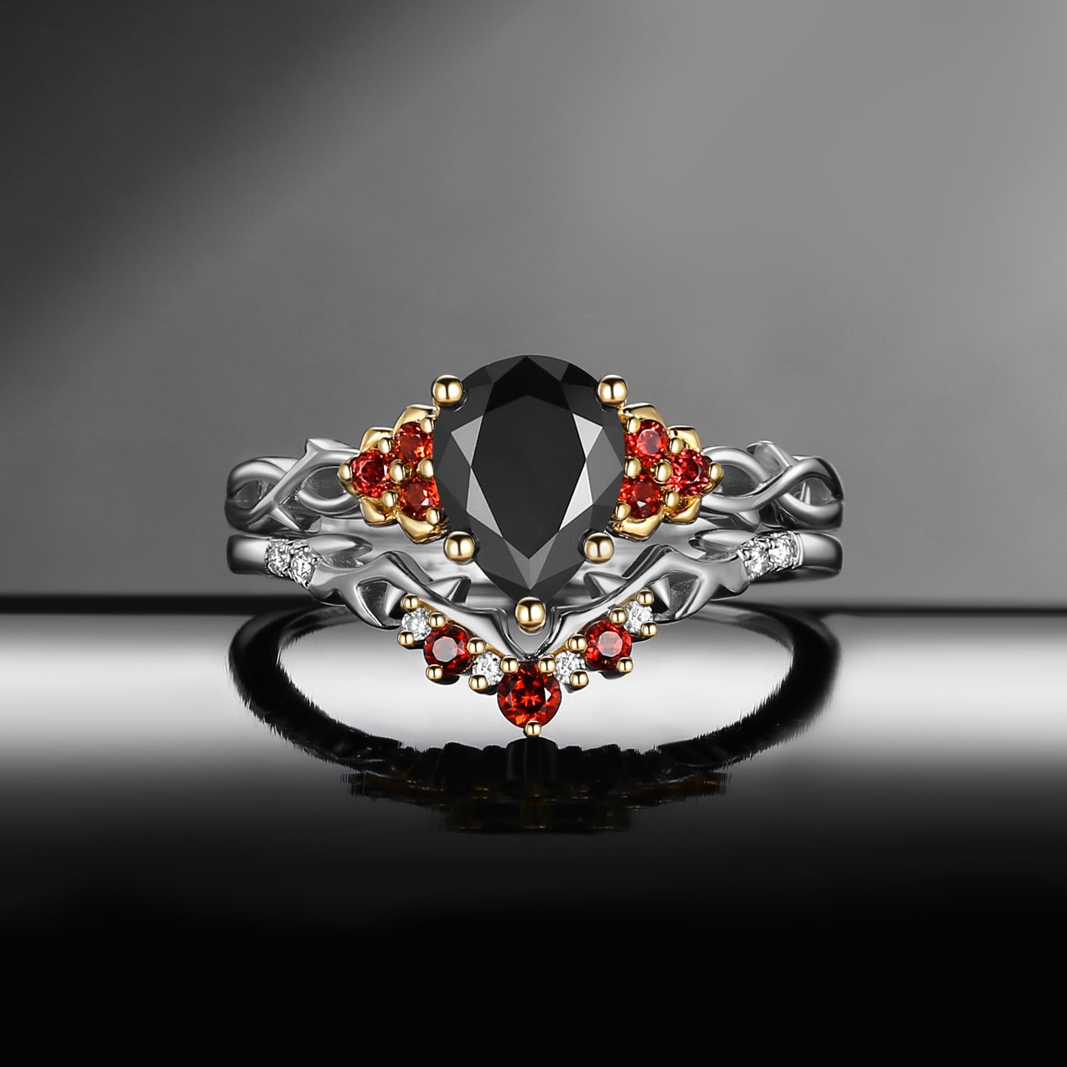 Nature Inspired Pear Shaped Black Moissanite 'Thorns & Roses' Two-Tone Engagement Ring Set 2pcs