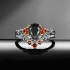Nature Inspired Pear Shaped Black Moissanite 'Thorns & Roses' Two-Tone Engagement Ring Set 2pcs