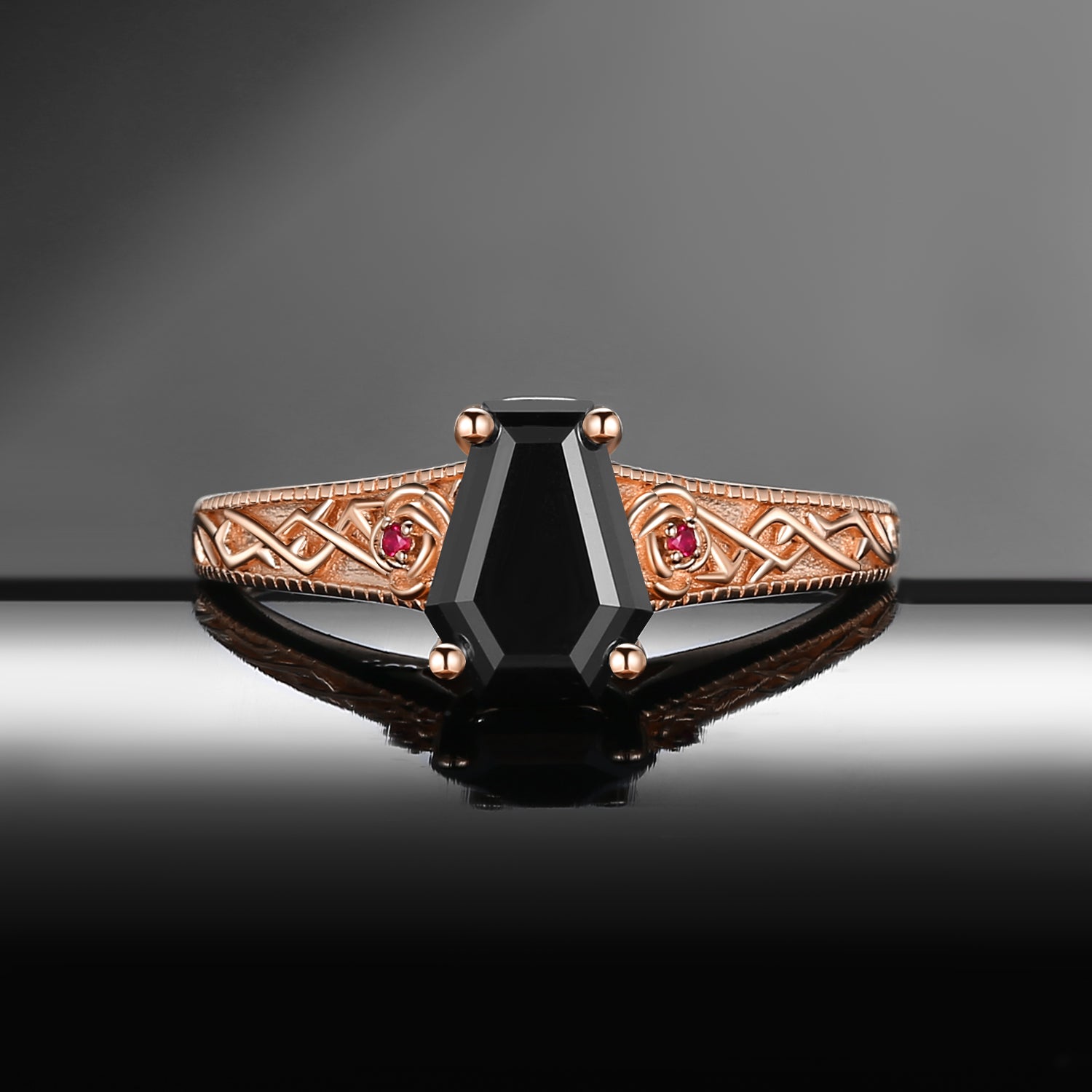 Nature Inspired Coffin Cut Black Moissanite 'Thorns & Roses' Filigrees Engagement Ring