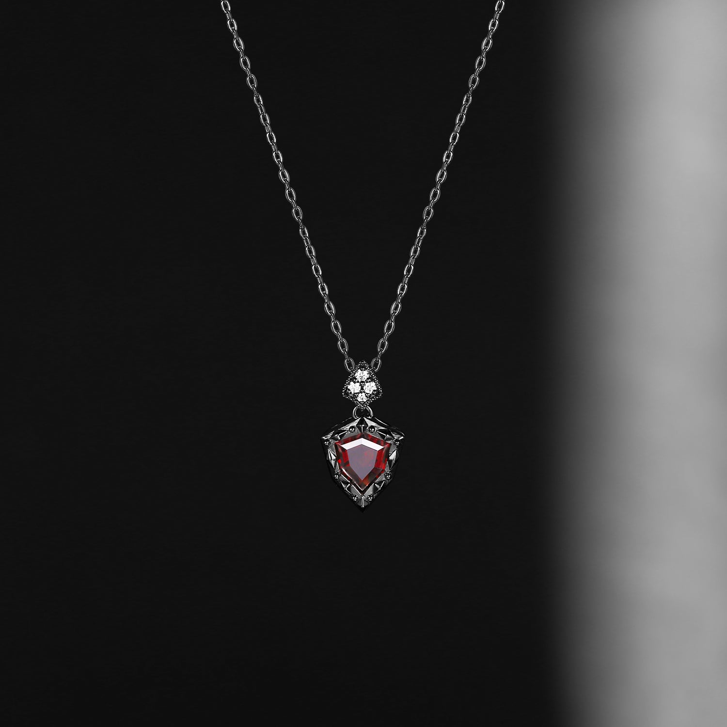 Unique Gothic Style Shield Cut Garnet 'Fallen Aegis' Filigree Necklace