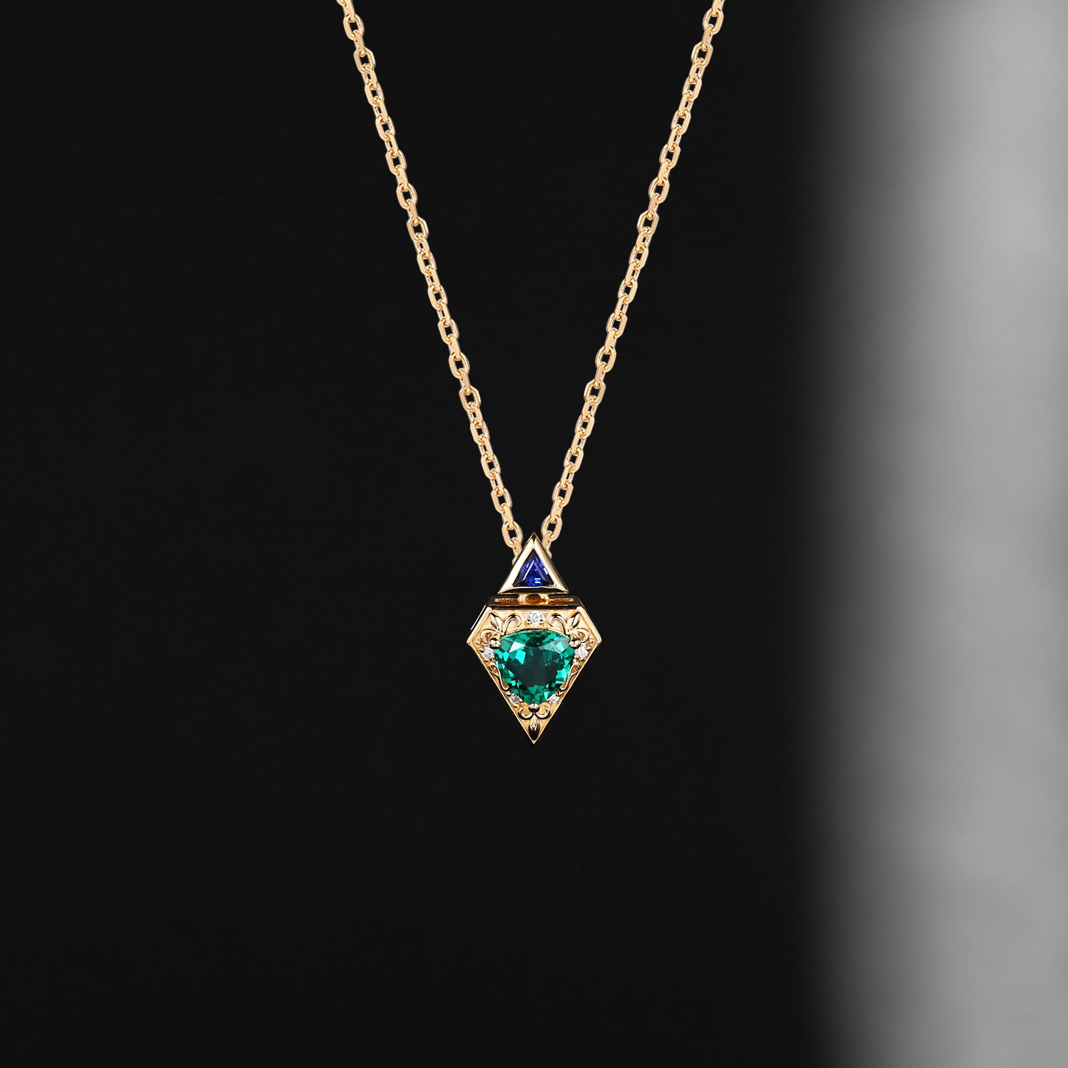 Vintage Inspired Triangle Cut Lab Emerald 'Fallen Aegis' Filigree Gold Necklace
