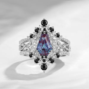 Crescent Moon | Unique Coffin Lab Alexandrite & Black Moissanite Celtic Infinity Engagement Ring Set 3pcs