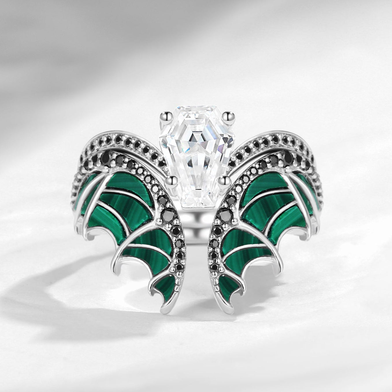 Unique Coffin Cut Moissanite Malachite Bridal Set 2pcs - Bat Ring