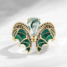 Unique Coffin Cut Moissanite Malachite Black Gold Bridal Set 2pcs - Bat Ring