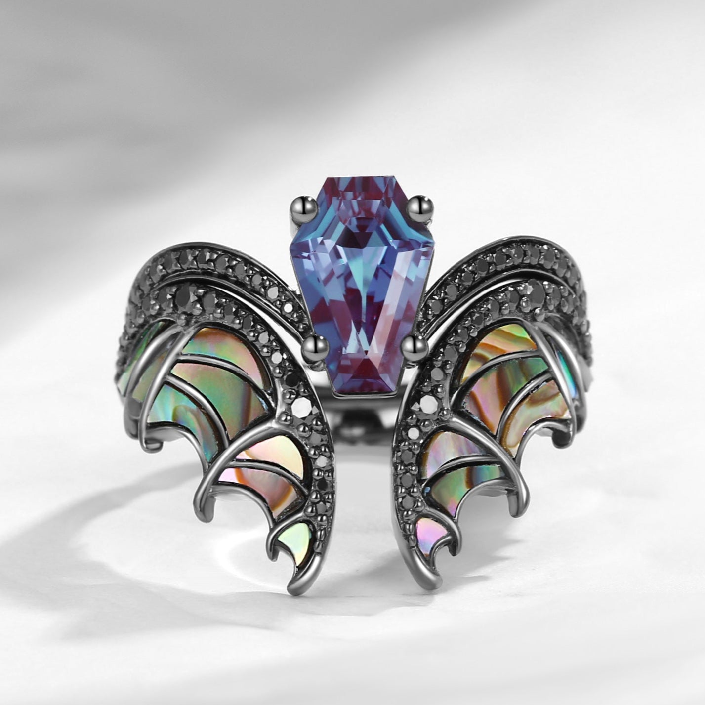 Unique Coffin Cut Lab Alexandrite Abalone Shell Black Gold Bridal Set 2pcs - Bat Ring