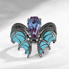 Unique Coffin Cut Lab Alexandrite Turquoise Black Gold Bridal Set 2pcs - Bat Ring