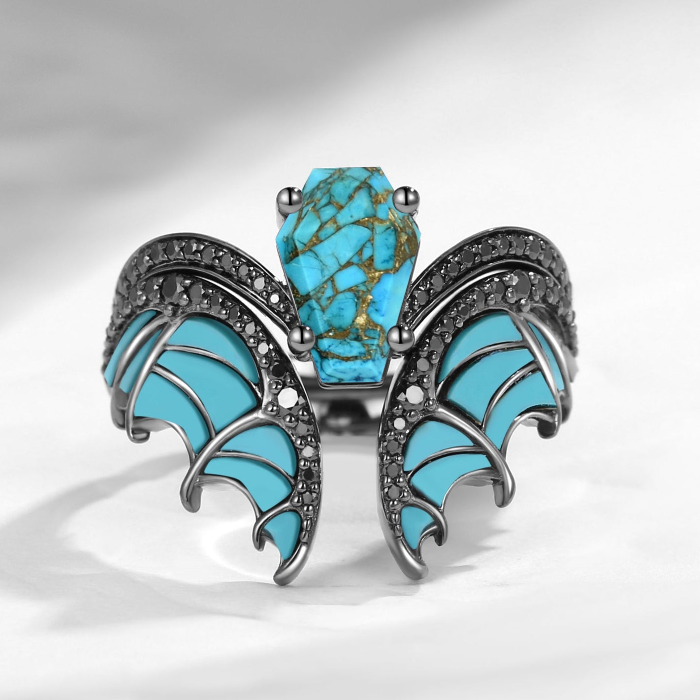 Unique Coffin Cut Turquoise Black Gold Bridal Set 2pcs - Bat Ring