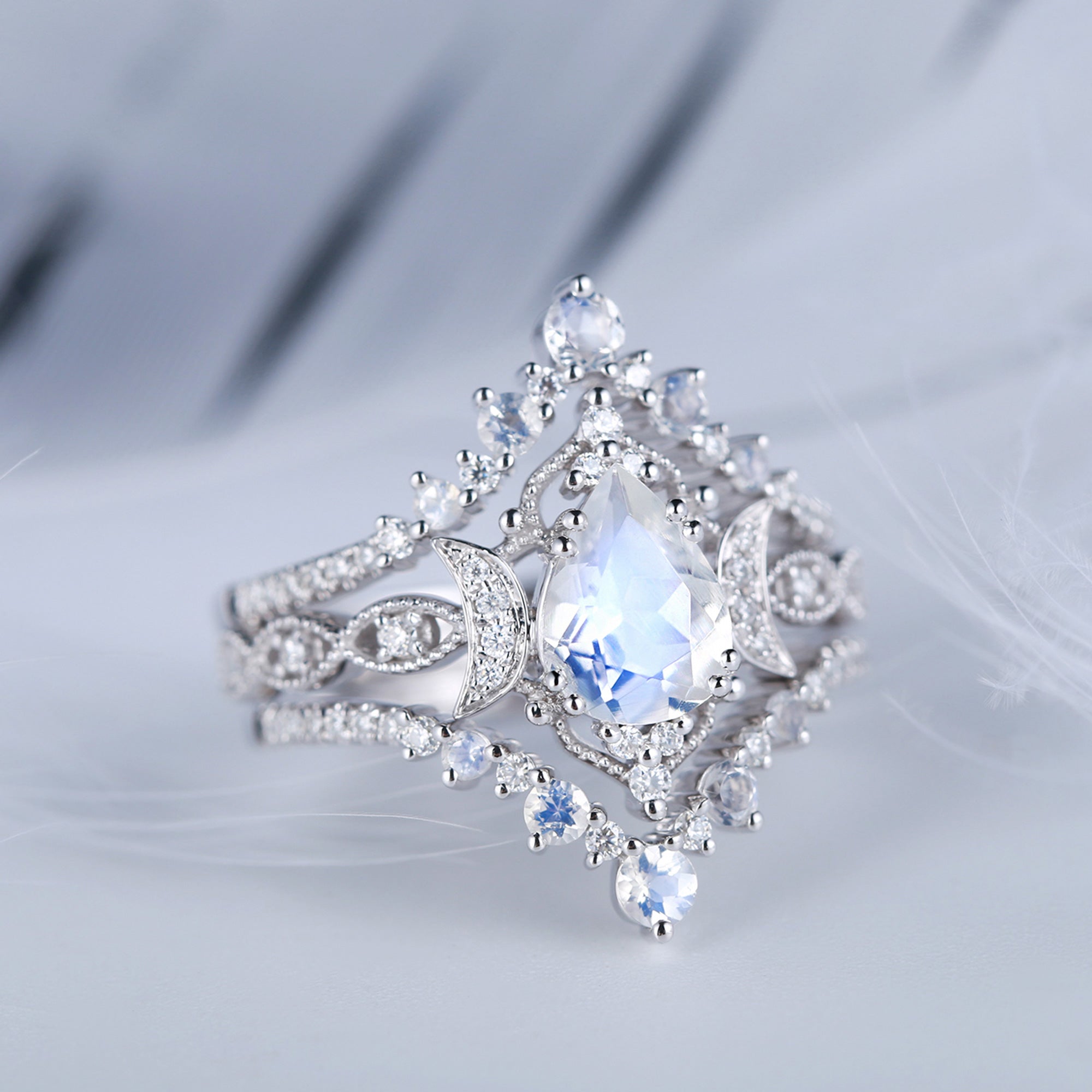 Moonstone Crescent Engagement Ring Set 3pcs In Pear