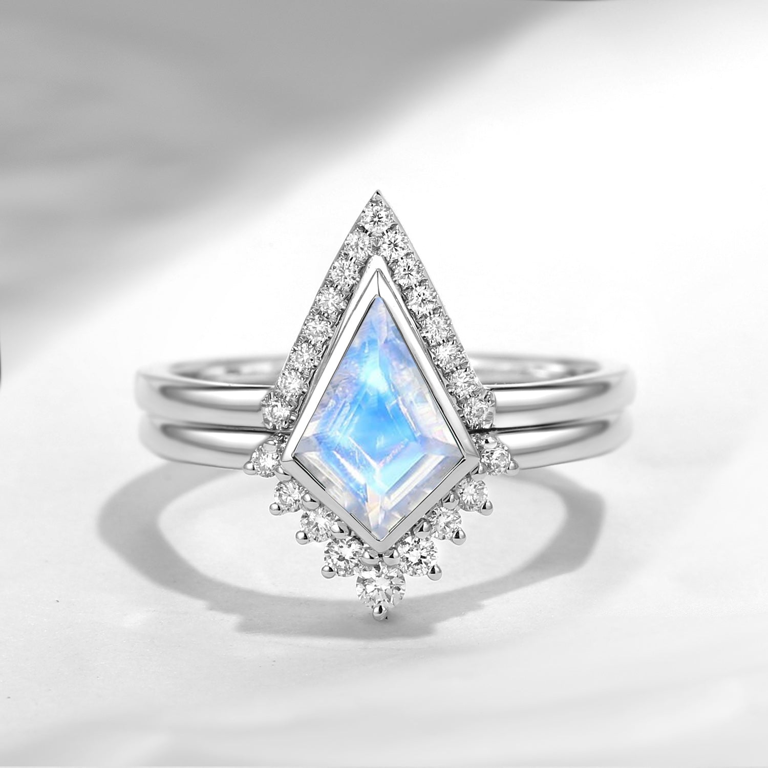 Kite Shaped Moonstone Engagement Ring Set 2pcs - Statement