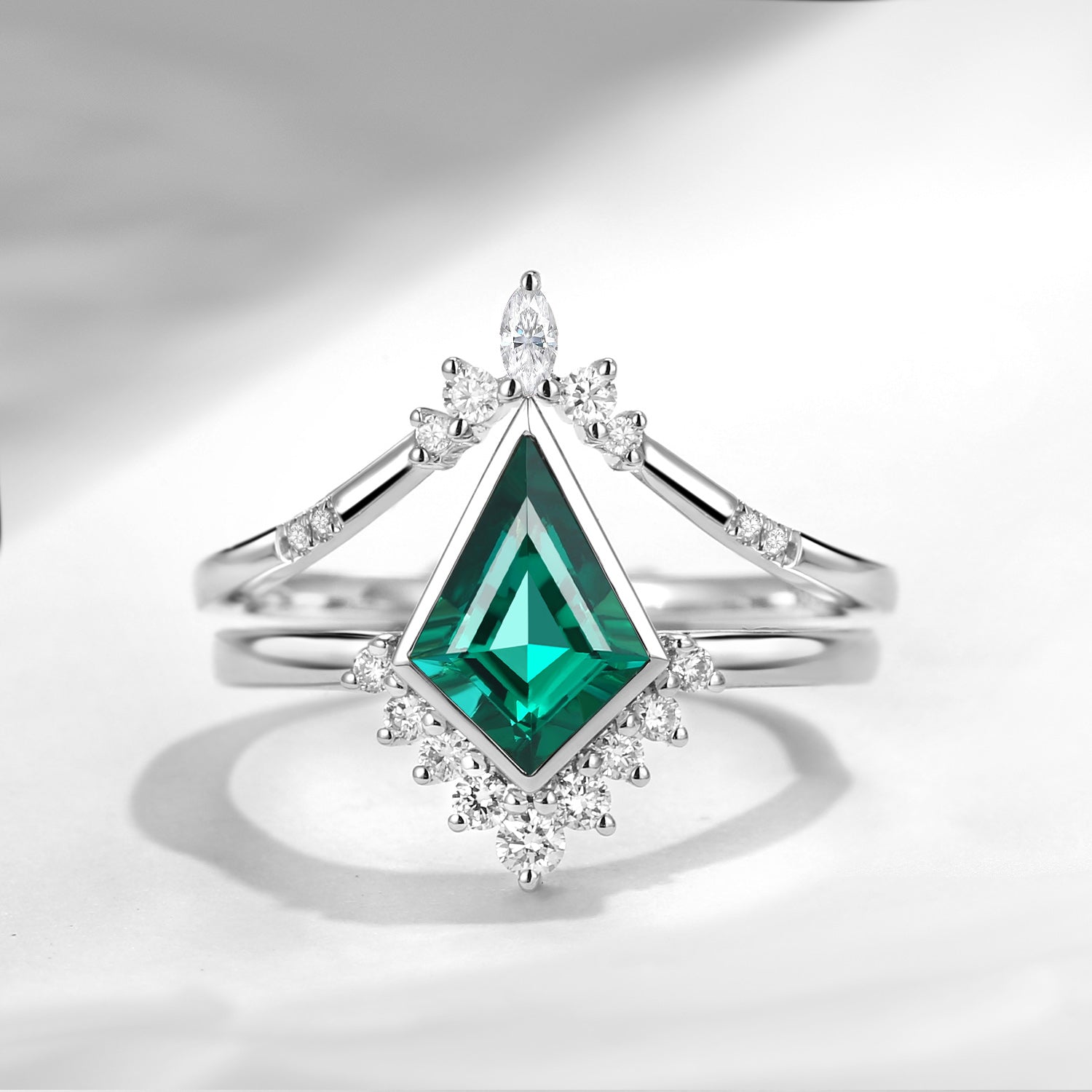 18K Kite Shaped Lab Emerald Engagement Ring