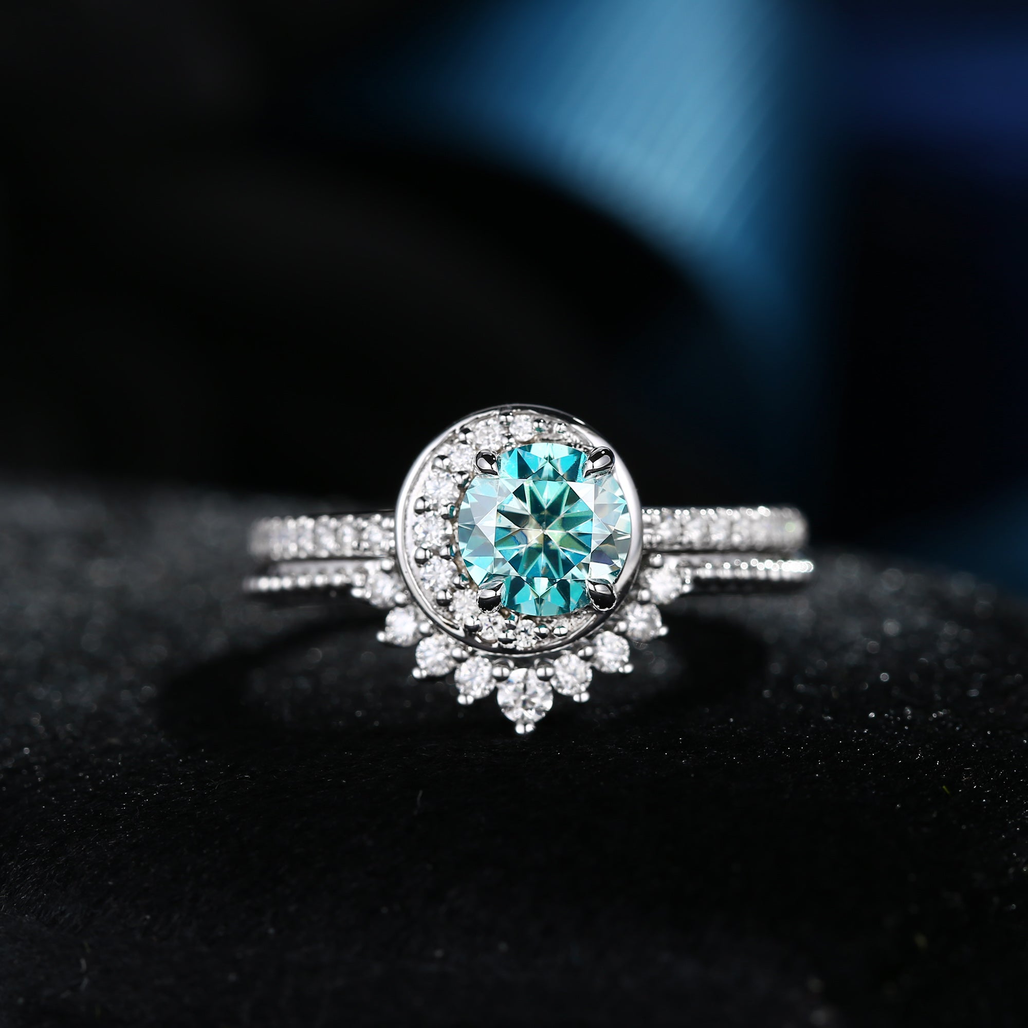 Crescent Moon | Unique Teal Moissanite Engagement Ring Set 2pcs - Full Moon