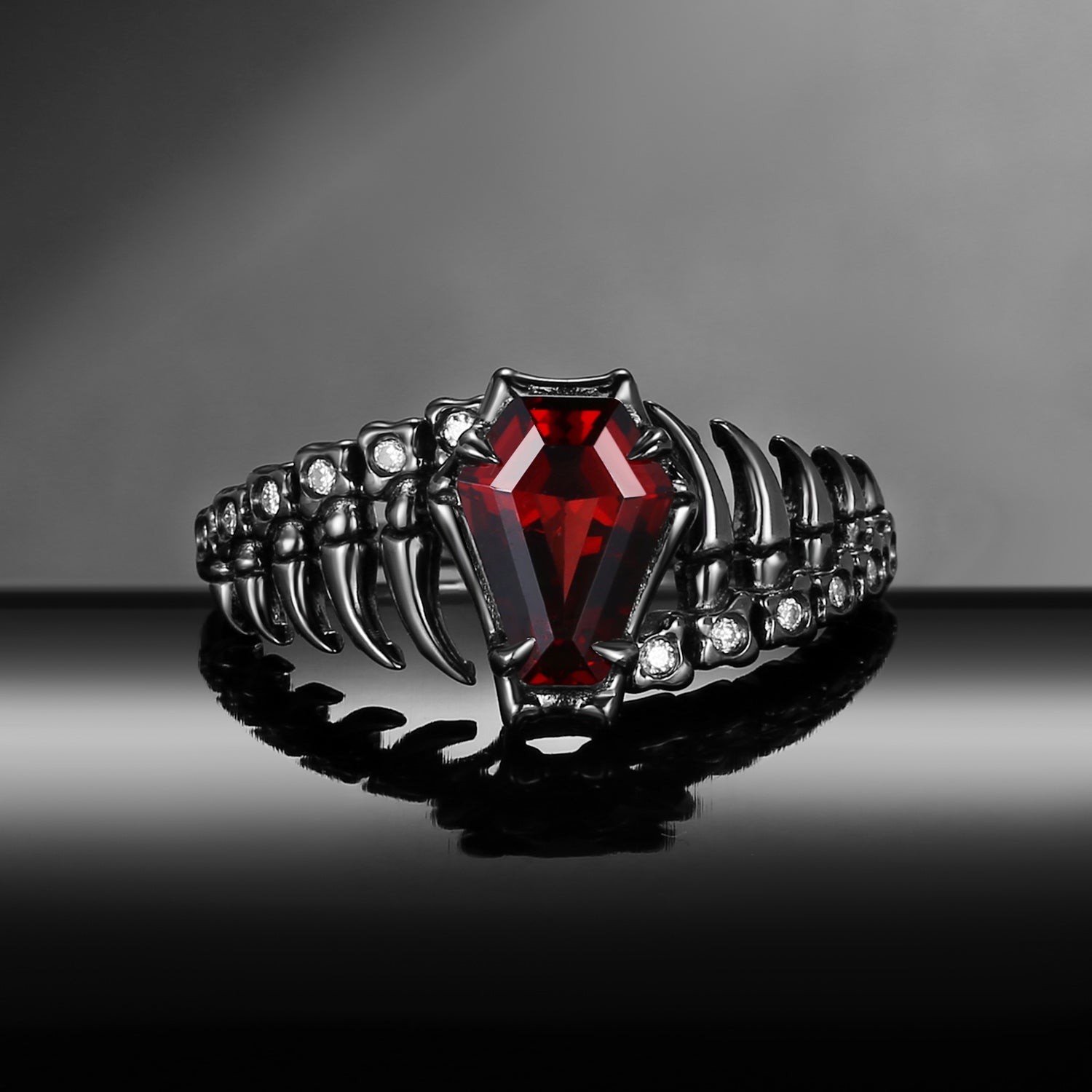 Gothic Inspired Skull & Skeleton Coffin Cut Garnet Engagement Ring