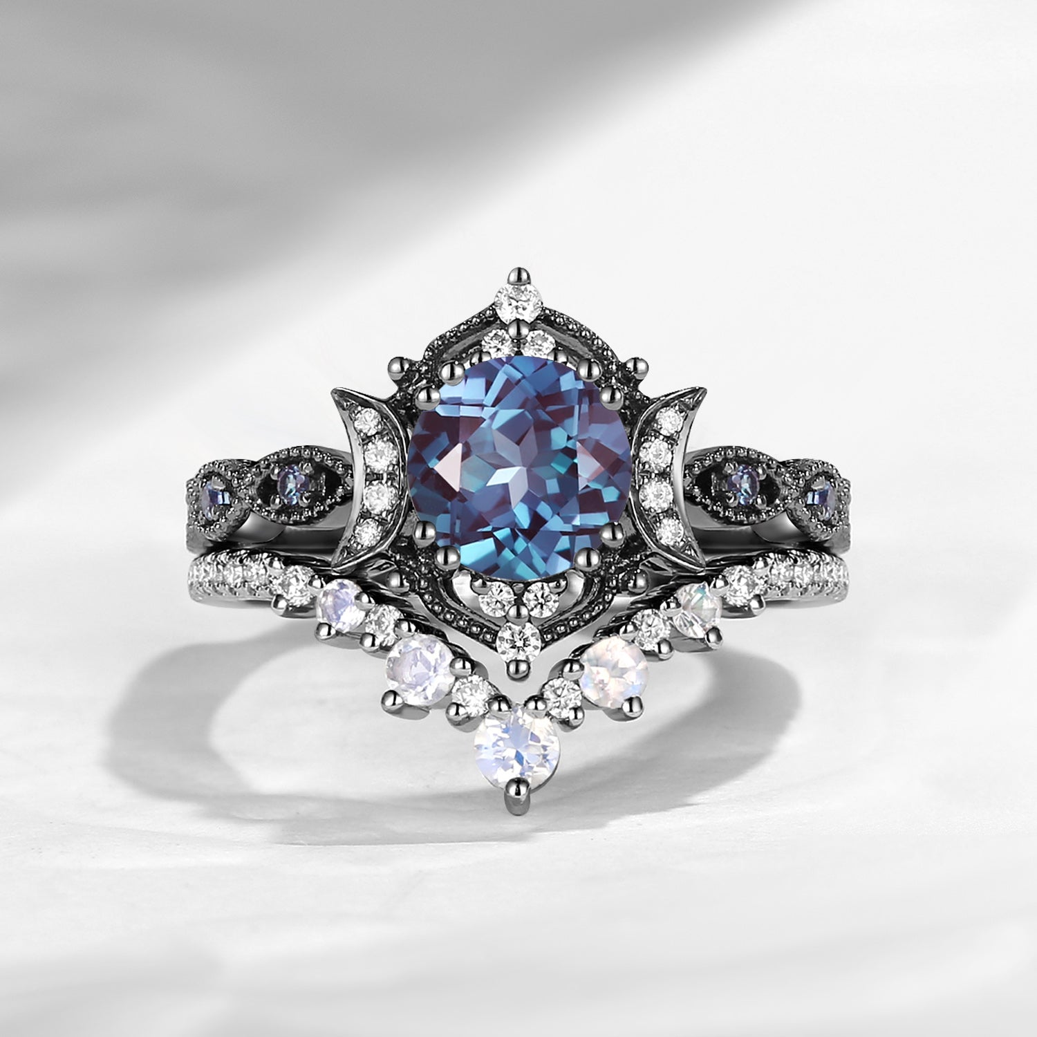 Crescent Moon | Round Cut Lab Alexandrite 'Black Statement' Ring Set 2pcs