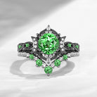 Crescent Moon | Round Cut Lab Tsavorite Vintage Milgrain Engagement Ring Set 2pcs