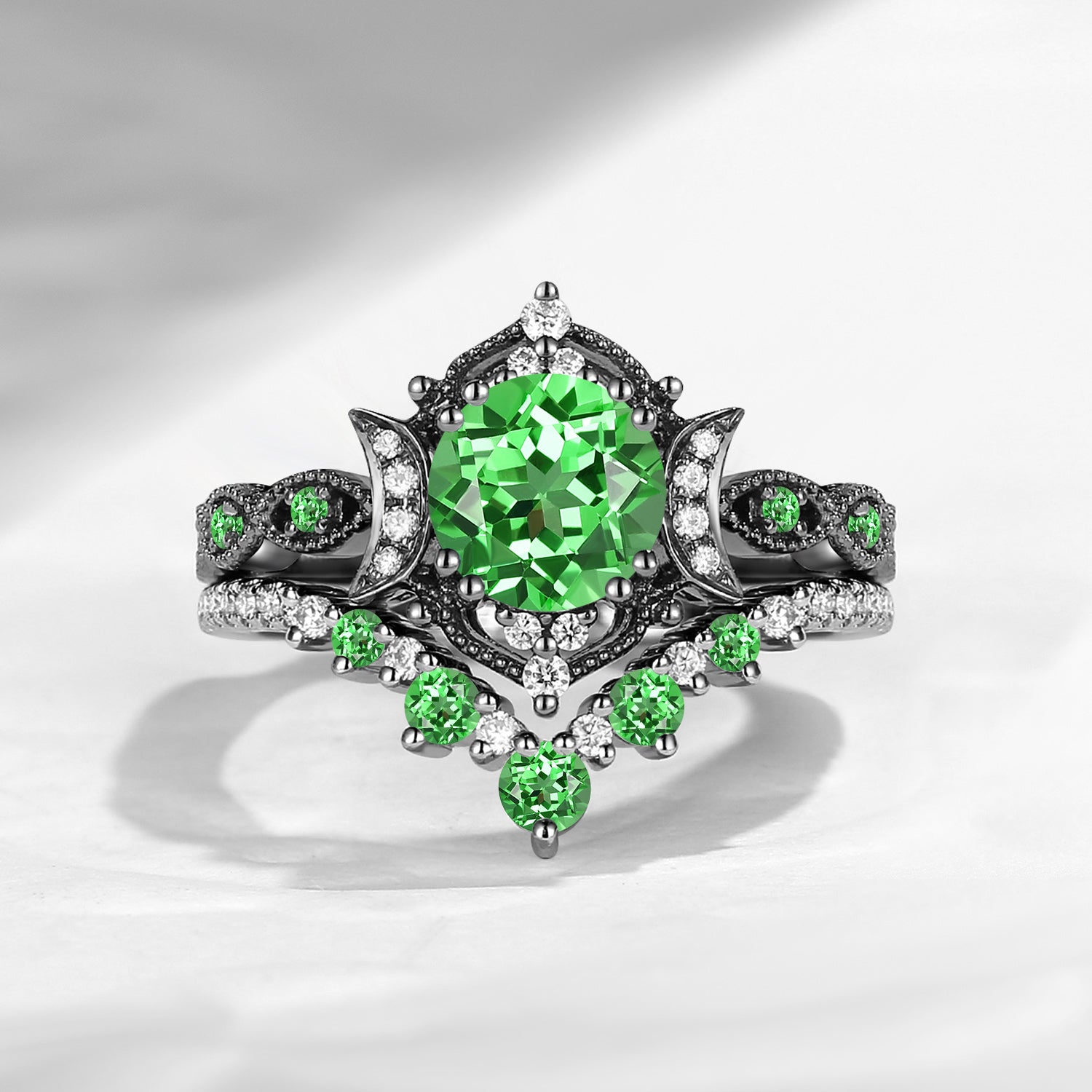 Crescent Moon | Round Cut Lab Tsavorite Vintage Milgrain Engagement Ring Set 2pcs