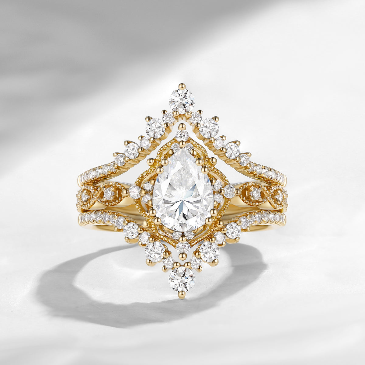 'Elara' - Vintage Pear Cut Moissanite Engagement Ring Set with Milgrain Detailing