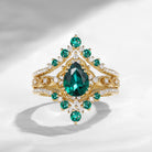 'Elara' - Vintage Pear Cut Lab Emerald Engagement Ring Set with Milgrain Detailing