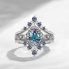 'Elara' - Vintage Firework Cut Pear Lab Alexandrite Engagement Ring Set with Milgrain Detailing