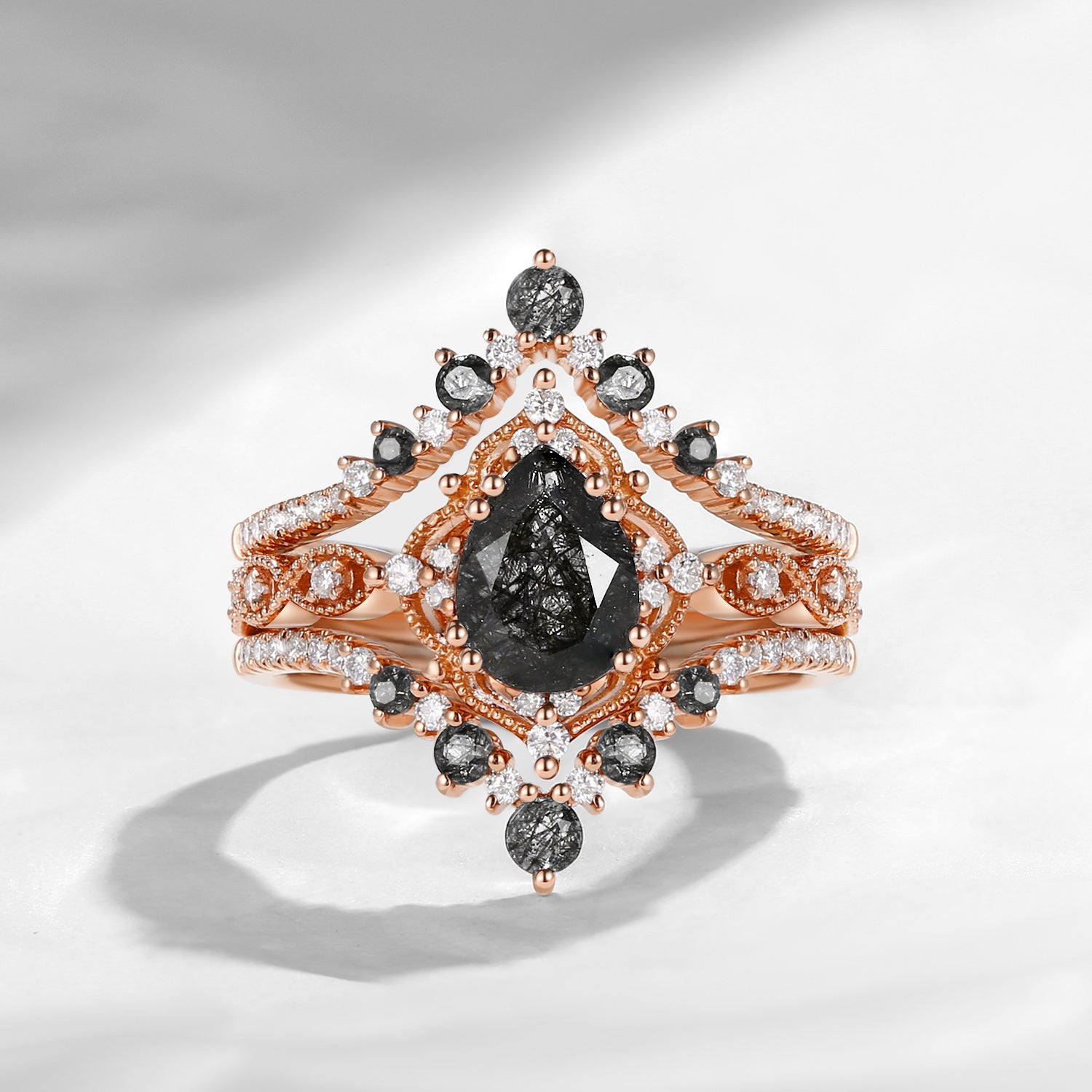 Pear Cut Black Rutilated Quartz Antique Milgrain Engagement Ring 3pcs