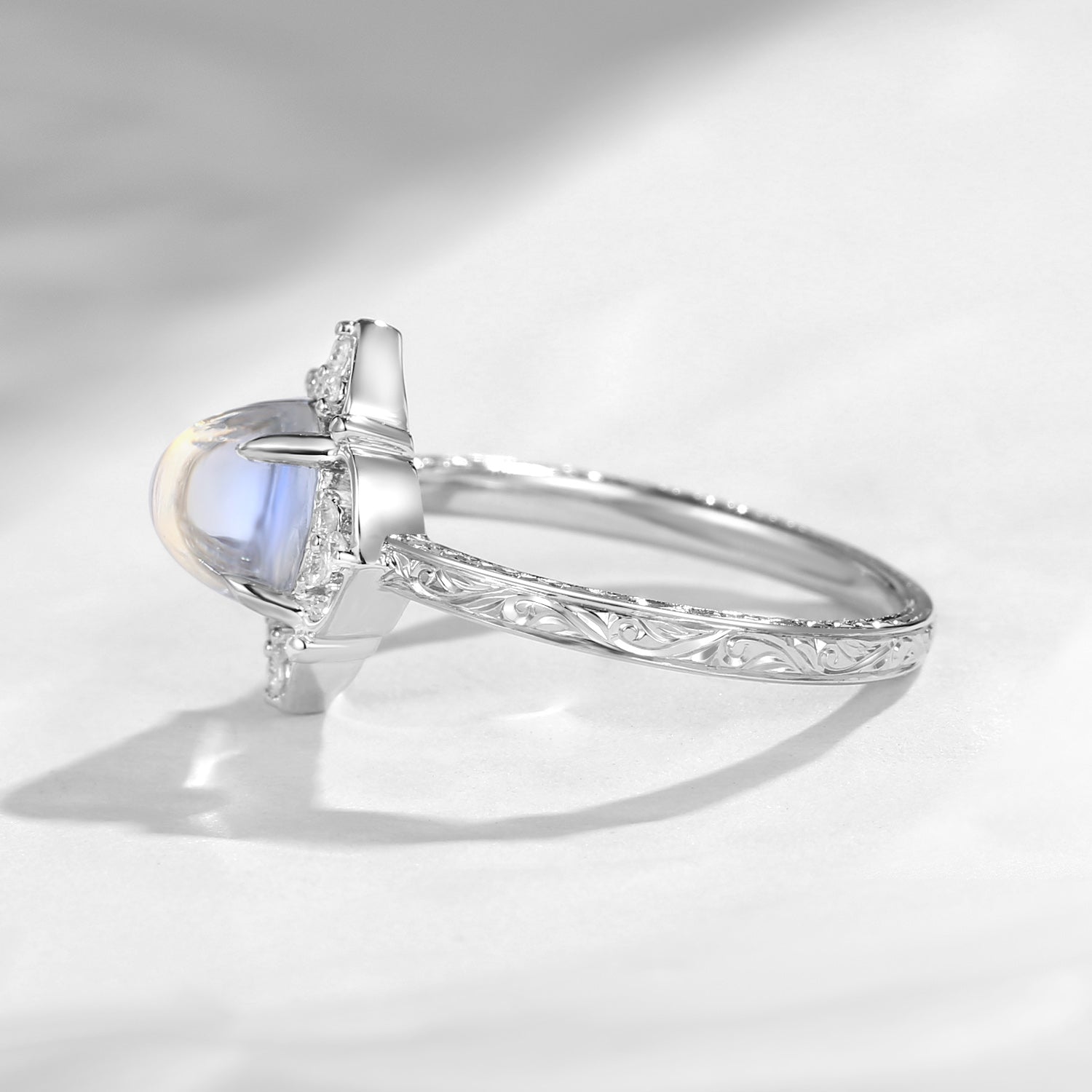 Filigree Cabochon Round Cut Moonstone Flower Engagement Ring