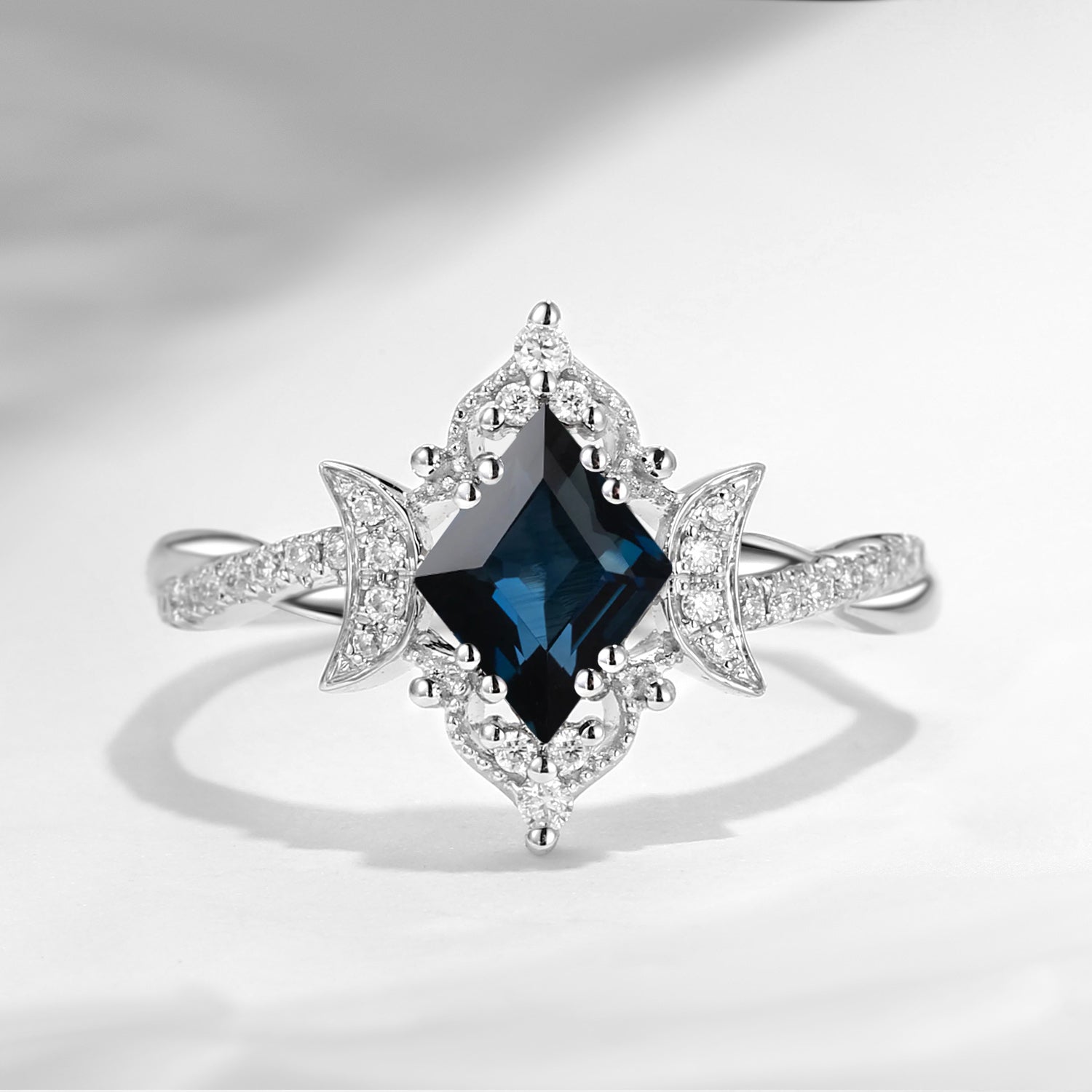 'Twisted Galaxy' - Kite Cut Natural Teal Sapphire Crescent Moon Engagement Ring with Infinity Band