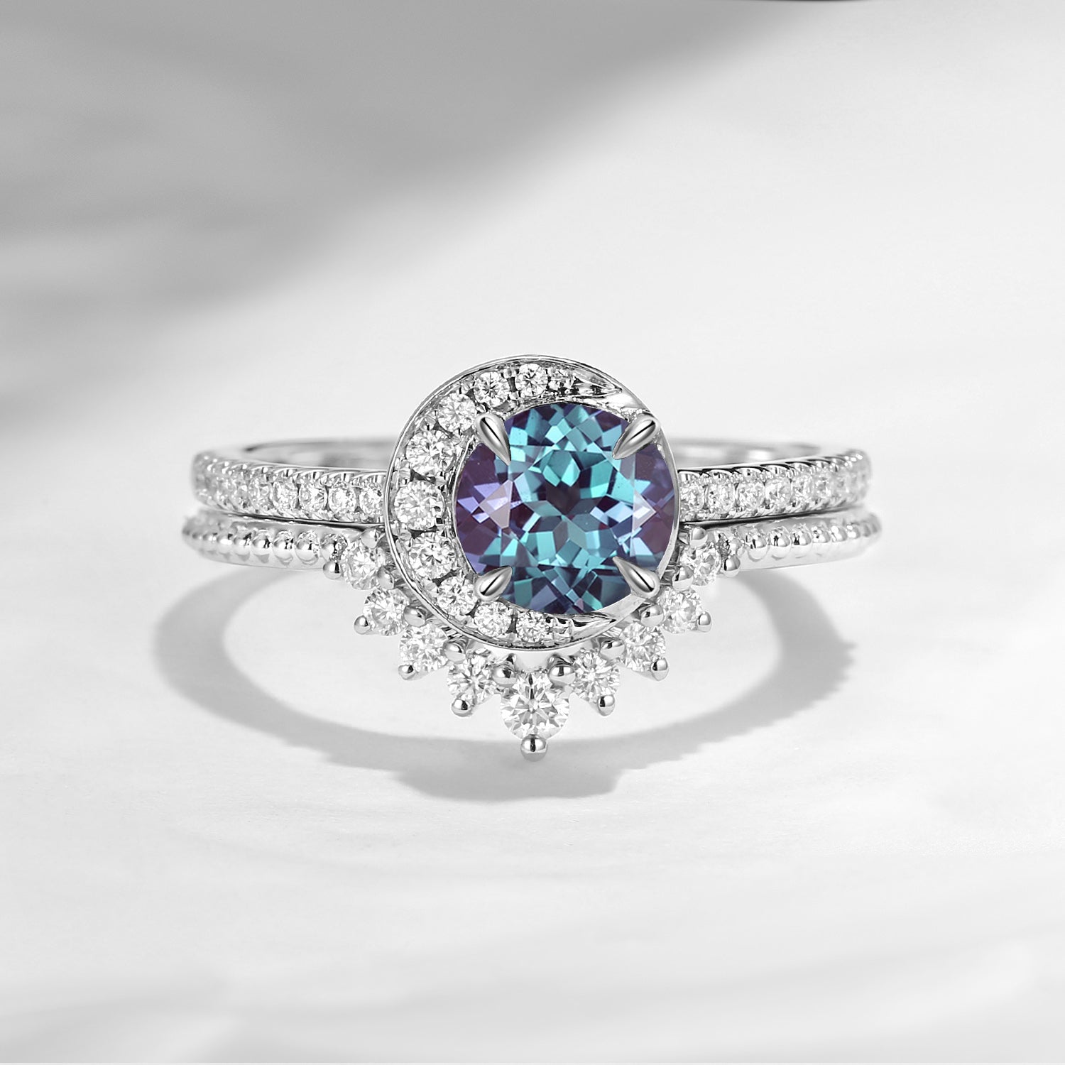 Crescent Moon | Unique Lab Alexandrite Engagement Ring Set 2pcs - Full Moon