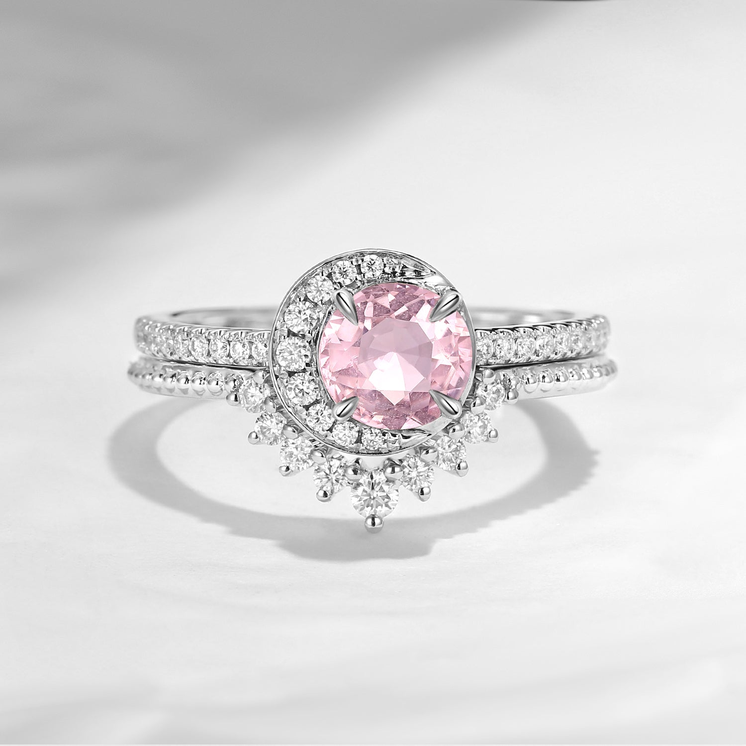 Crescent Moon | Unique Round Cut Natural Pink Tourmaline Engagement Ring Set 2pcs - Full Moon