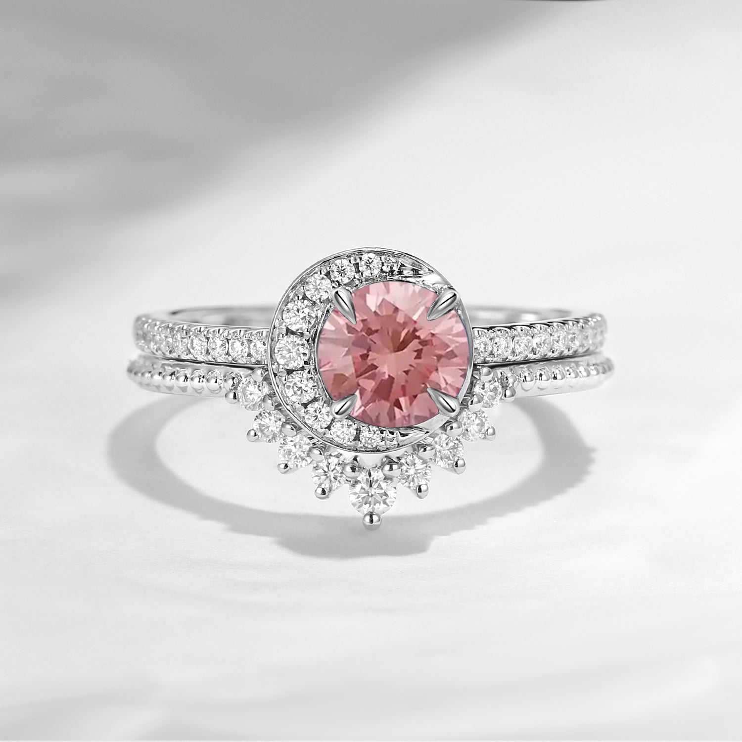 Crescent Moon | Unique Pink Lab Diamond Engagement Ring Set 2pcs - Full Moon