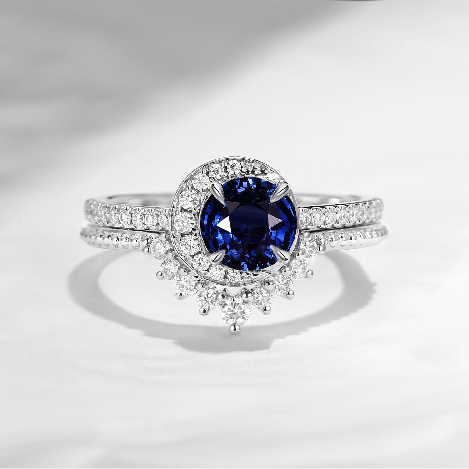 Crescent Moon | Unique Round Cut Natural Sapphire Engagement Ring Set 2pcs - Full Moon